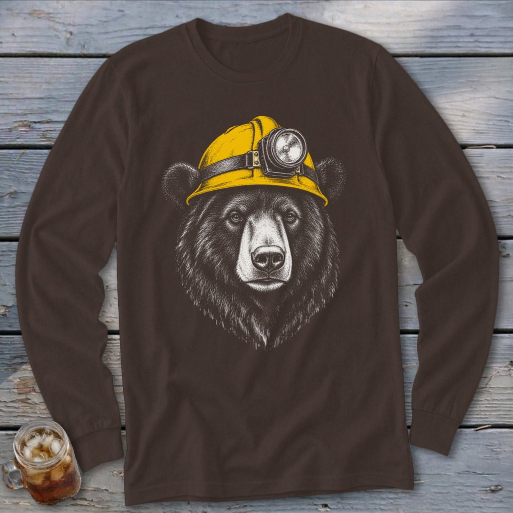 Brown long-sleeve shirt featuring a black bear wearing a yellow miner's helmet.
