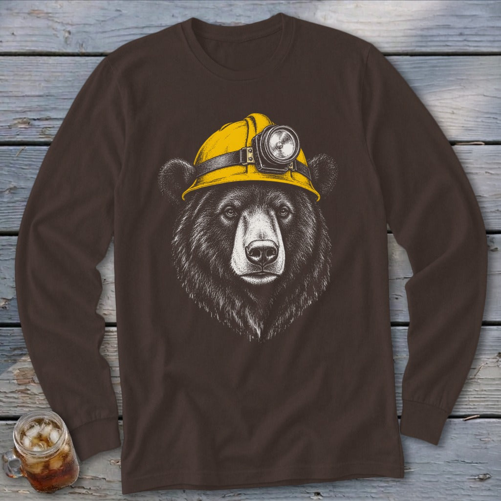 Brown long-sleeve shirt featuring a black bear wearing a yellow miner's helmet.