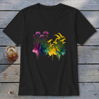 Black V-neck t-shirt with a watercolor floral design in purple, yellow, and rainbow colors.