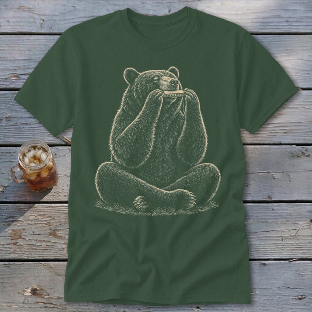 Green t-shirt with a drawing of a bear sitting and playing a harmonica.