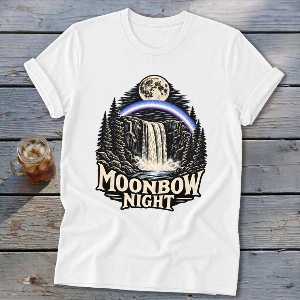 White t-shirt with "Moonbow Night" text over a waterfall, moon, and rainbow design.