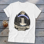 White t-shirt with "Moonbow Night" text over a waterfall, moon, and rainbow design.