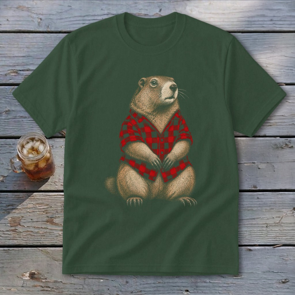 Groundhog wearing a red and black plaid shirt on a green t-shirt.