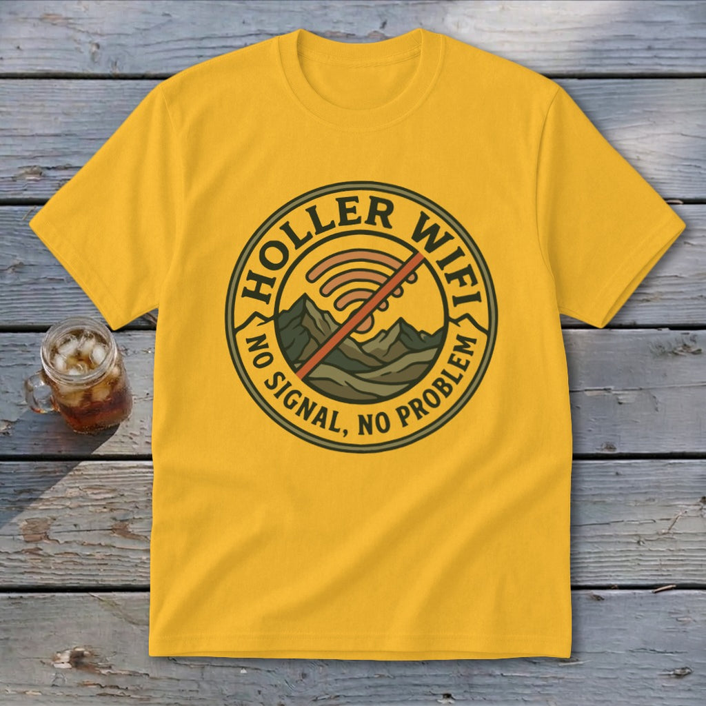Yellow t-shirt with circular "Holler WiFi No Signal, No Problem" graphic and mountains.