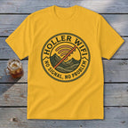 Yellow t-shirt with circular "Holler WiFi No Signal, No Problem" graphic and mountains.