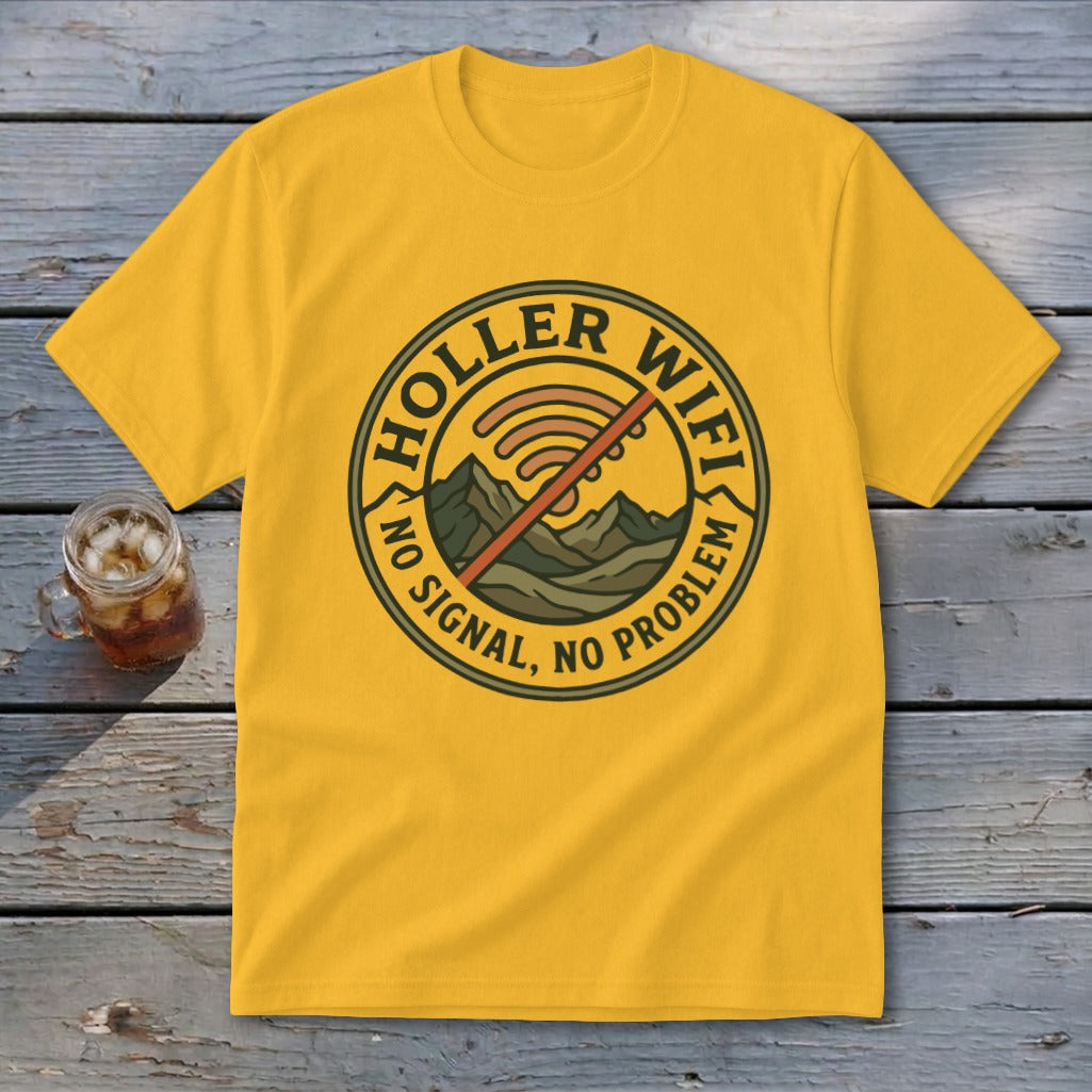 Yellow t-shirt with circular "Holler WiFi No Signal, No Problem" graphic and mountains.