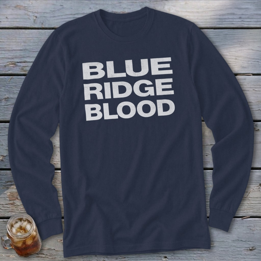 Navy long-sleeve shirt with white text "BLUE RIDGE BLOOD" across the chest.