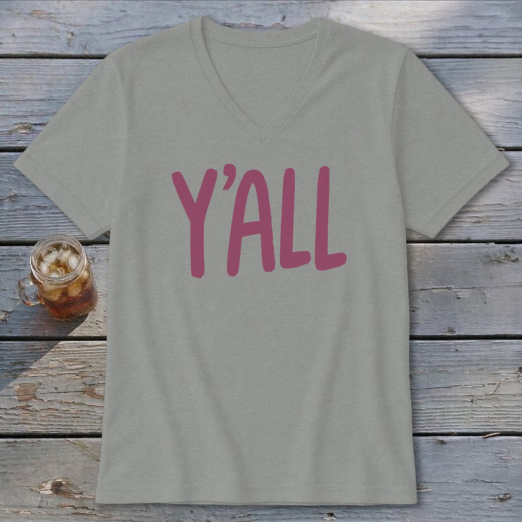 Gray V-neck t-shirt with "Y'ALL" in pink lettering.