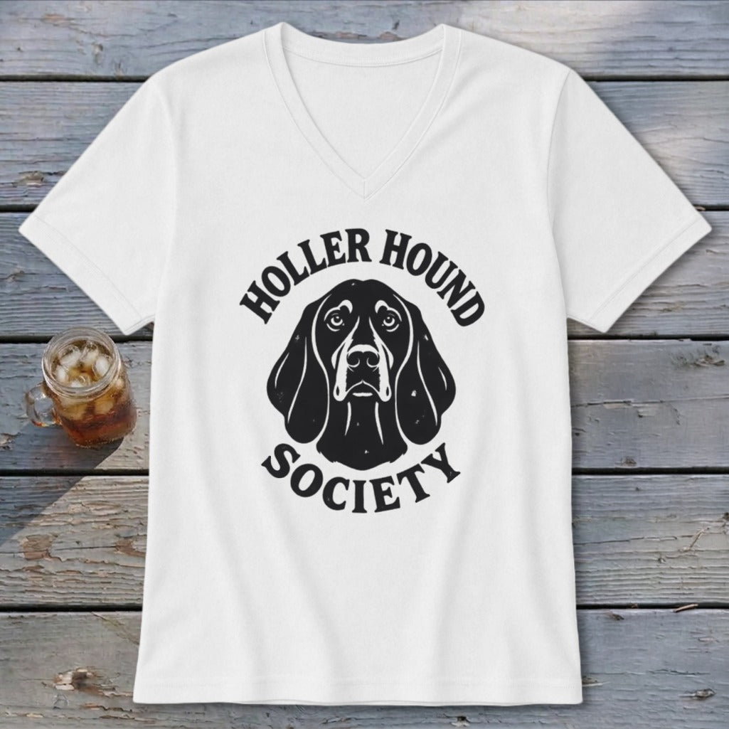 White v-neck t-shirt with black "Holler Hound Society" text and dog graphic.