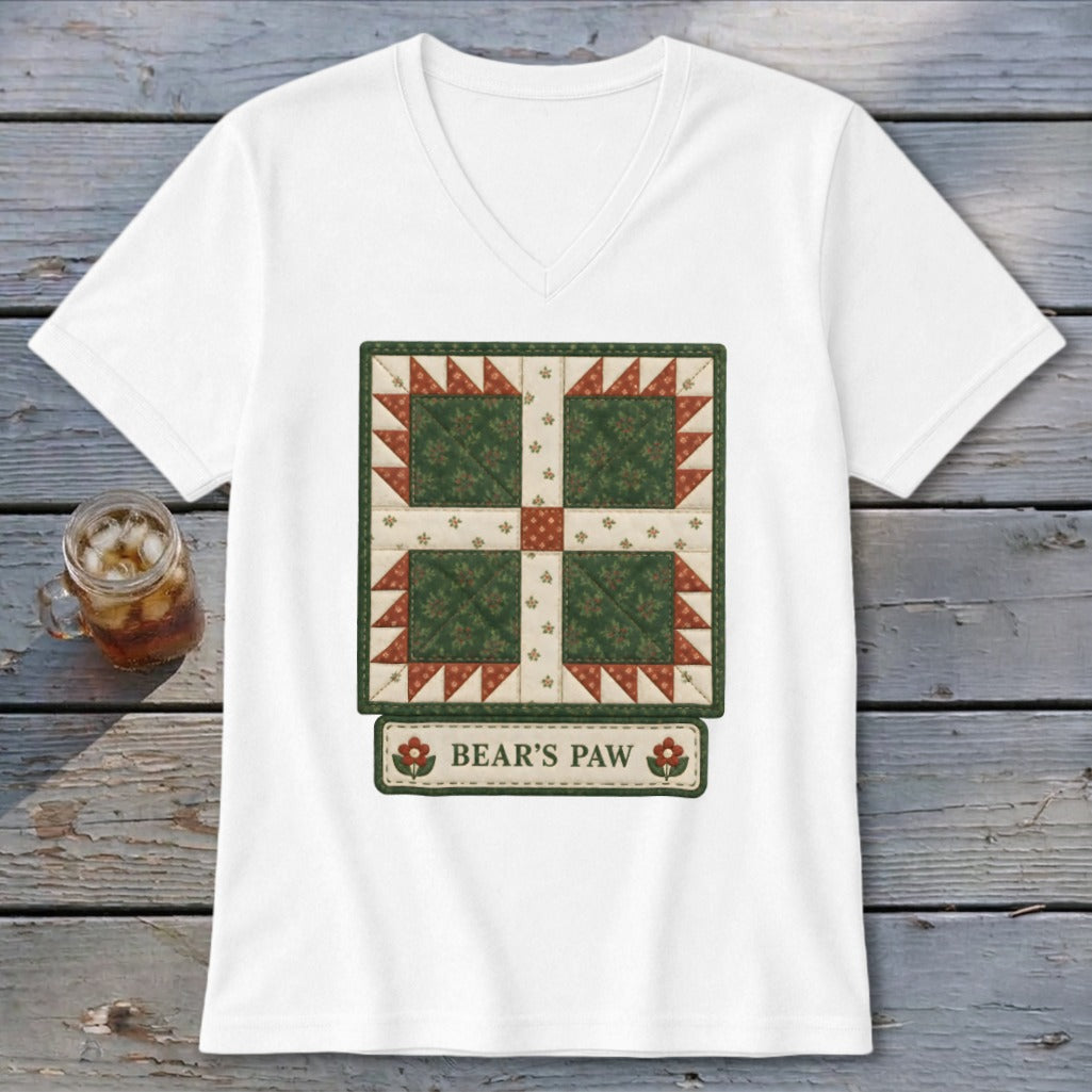 White t-shirt featuring a Bear's Paw quilt design and text.