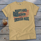 T-shirt with distressed American flag and text "Maryland Raised American Made".