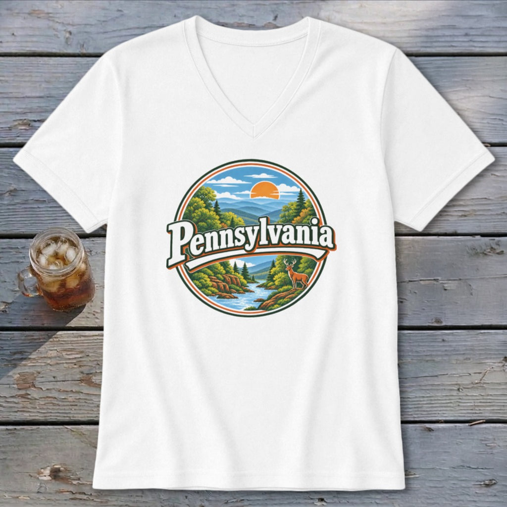 White t-shirt with circular Pennsylvania landscape graphic featuring mountains, river, deer, and trees.