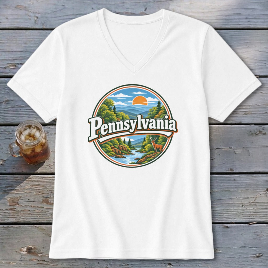 White t-shirt with circular Pennsylvania landscape graphic featuring mountains, river, deer, and trees.