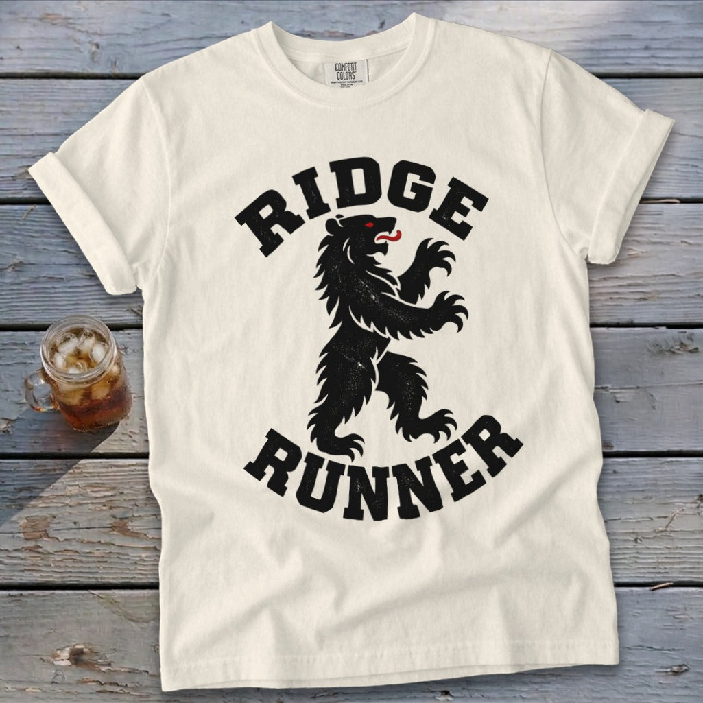 Cream t-shirt with black text "RIDGE RUNNER" and a black bear graphic.