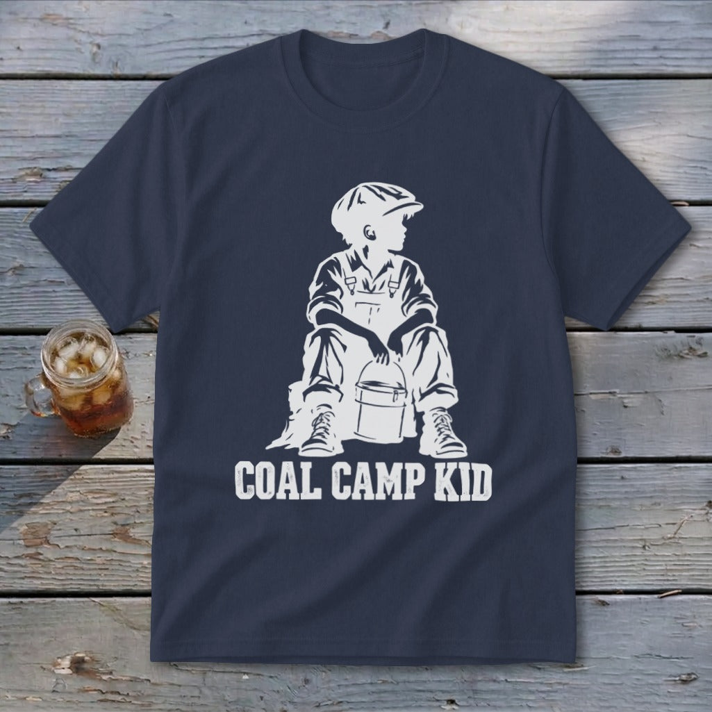 Navy t-shirt with white "Coal Camp Kid" graphic of a boy in overalls and cap.