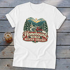 White t-shirt with "Homebound For The Mountain Christmas" graphic featuring a red truck and mountains.