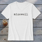 White v-neck t-shirt with the word "mizewell" printed in black.