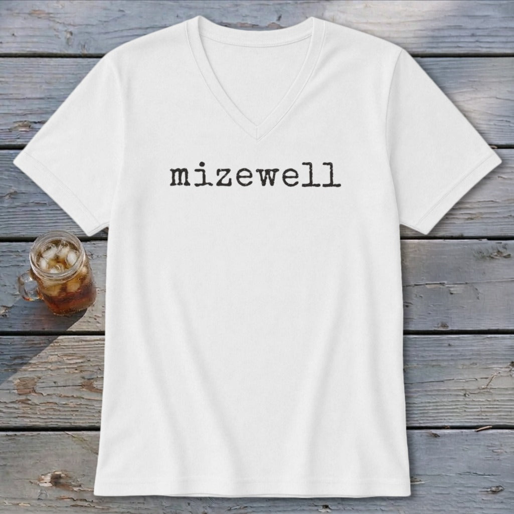 White v-neck t-shirt with the word "mizewell" printed in black.