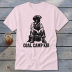 Black graphic of a boy in overalls and cap holding a bucket, with text "COAL CAMP KID".