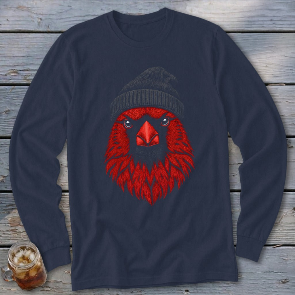 Red cardinal wearing a black knit beanie on a navy long-sleeve shirt.