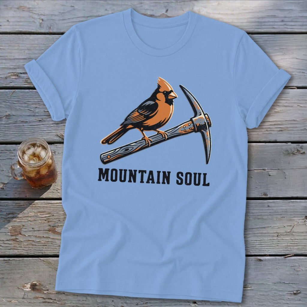 Light blue t-shirt with cardinal on pickaxe and text "MOUNTAIN SOUL".