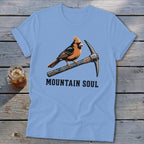 Light blue t-shirt with cardinal on pickaxe and text "MOUNTAIN SOUL".