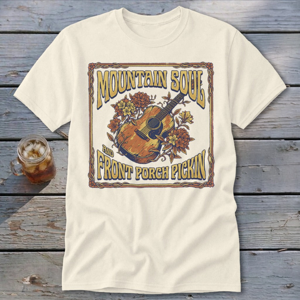 T-shirt with "Mountain Soul and Front Porch Pickin'" text and acoustic guitar graphic.