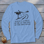 Long sleeve shirt with black graphic of mailbox and dirt road with text.