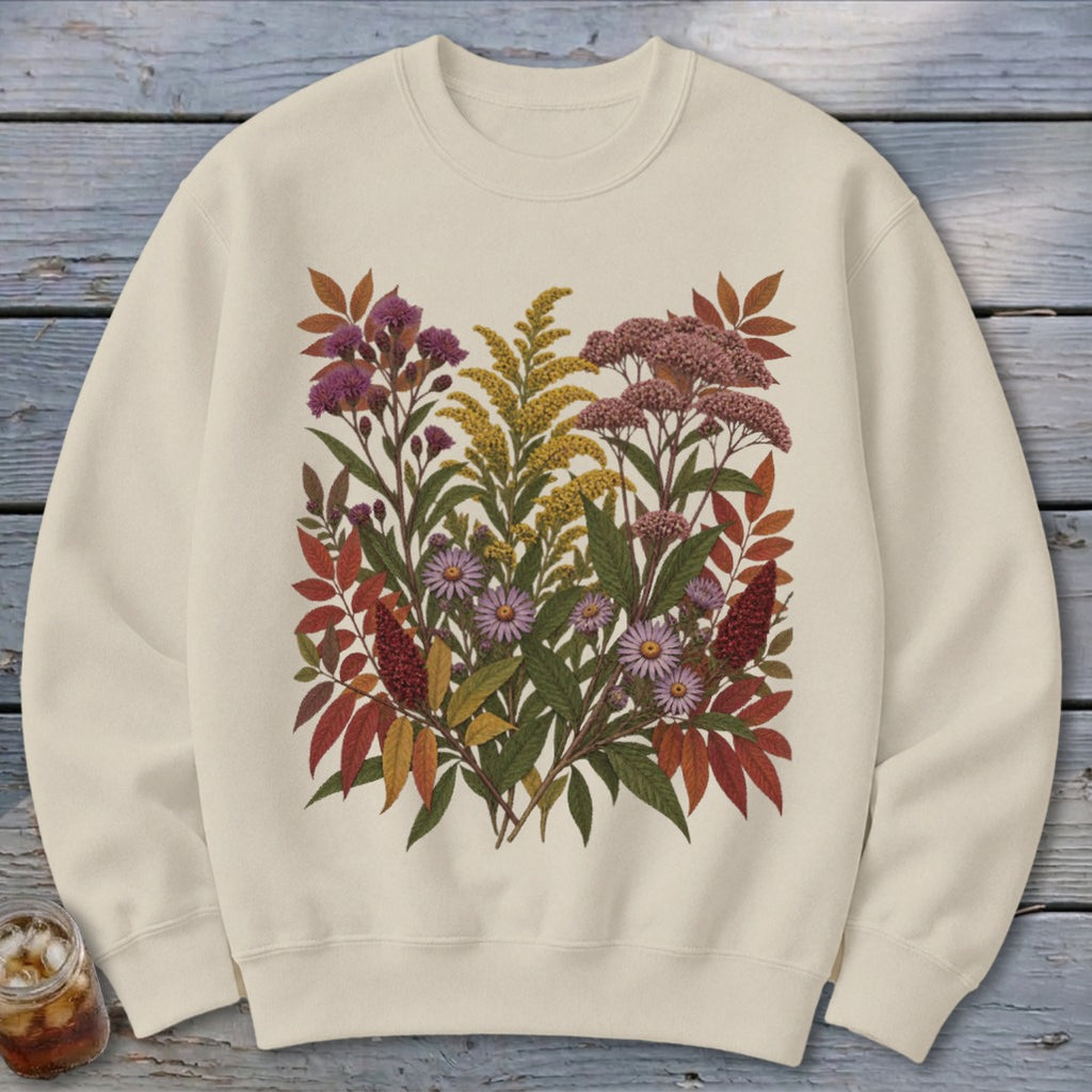 Cream sweatshirt with a botanical print of autumn wildflowers and foliage.