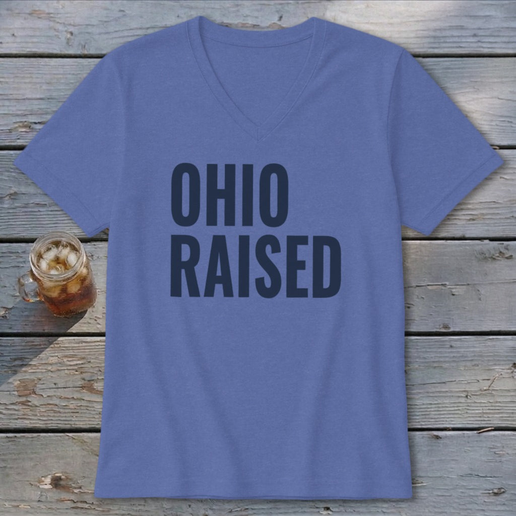 Purple v-neck t-shirt with "OHIO RAISED" in dark gray text.
