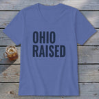 Purple v-neck t-shirt with "OHIO RAISED" in dark gray text.