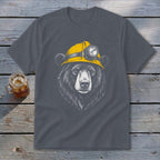 Bear wearing a yellow hard hat with a headlamp.