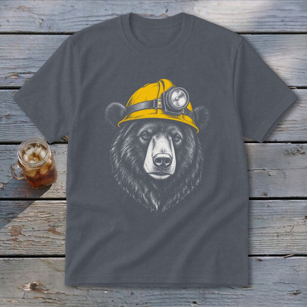 Bear wearing a yellow hard hat with a headlamp.