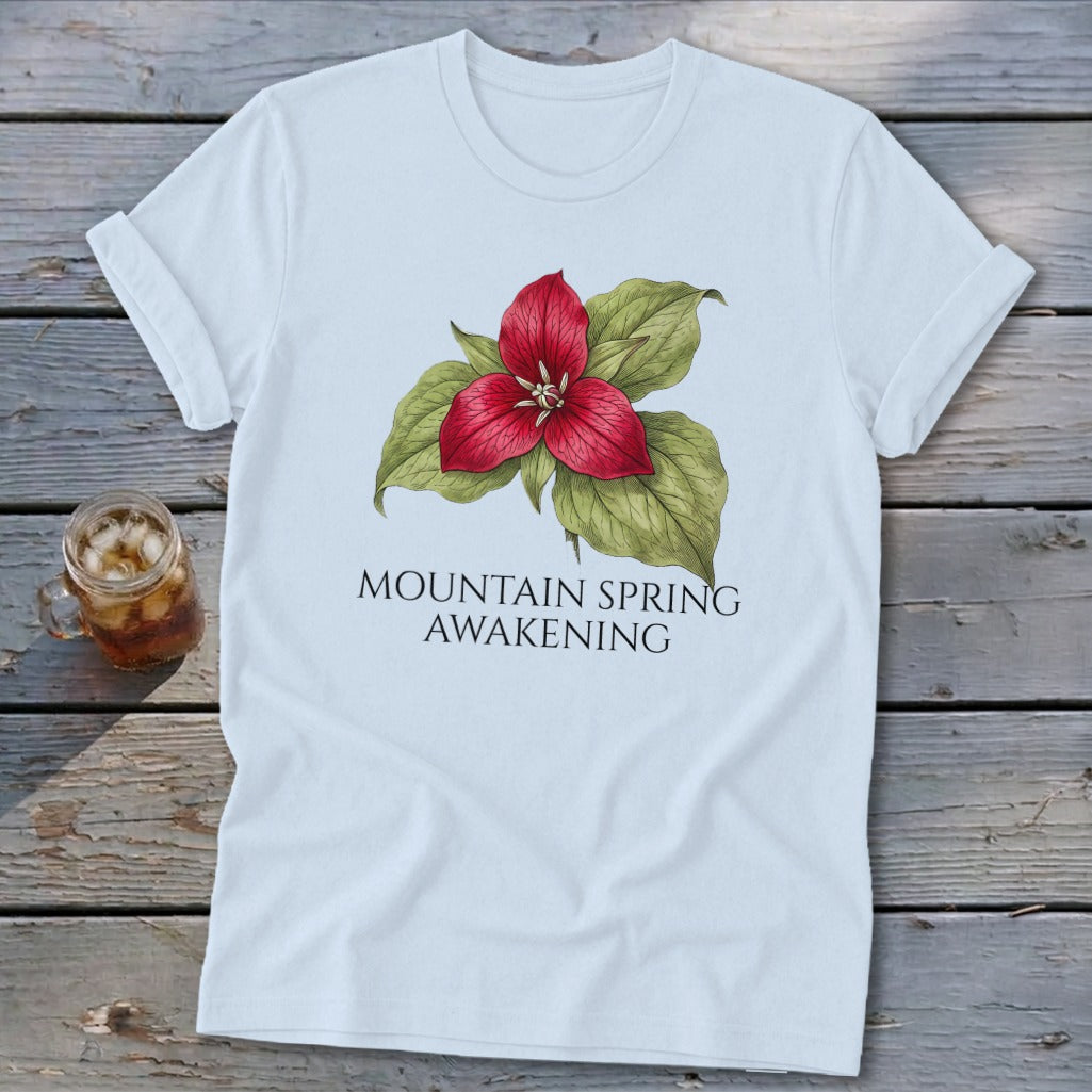 White t-shirt with red trillium flower and text "MOUNTAIN SPRING AWAKENING".