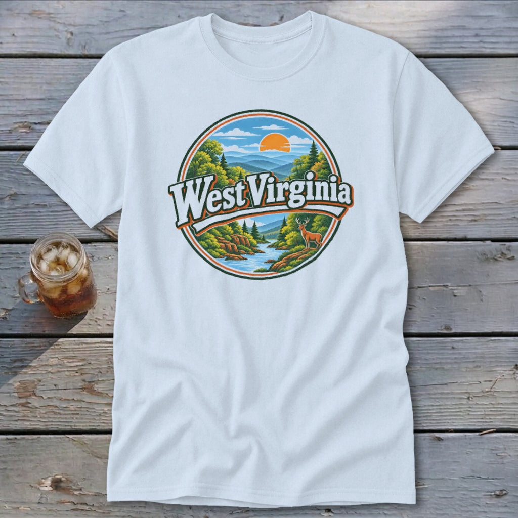 Light blue t-shirt featuring a circular graphic of West Virginia landscape with text.