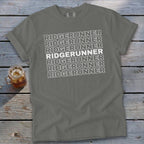 Gray t-shirt with "RIDGERUNNER" repeated in white text.