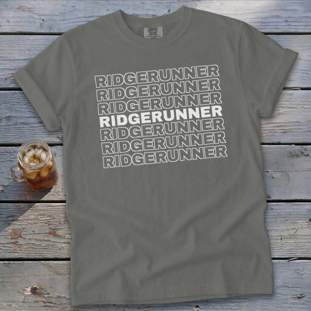 Gray t-shirt with "RIDGERUNNER" repeated in white text.