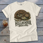 Hellbender salamander graphic on a cream t-shirt with "Hellbender Holler" text.