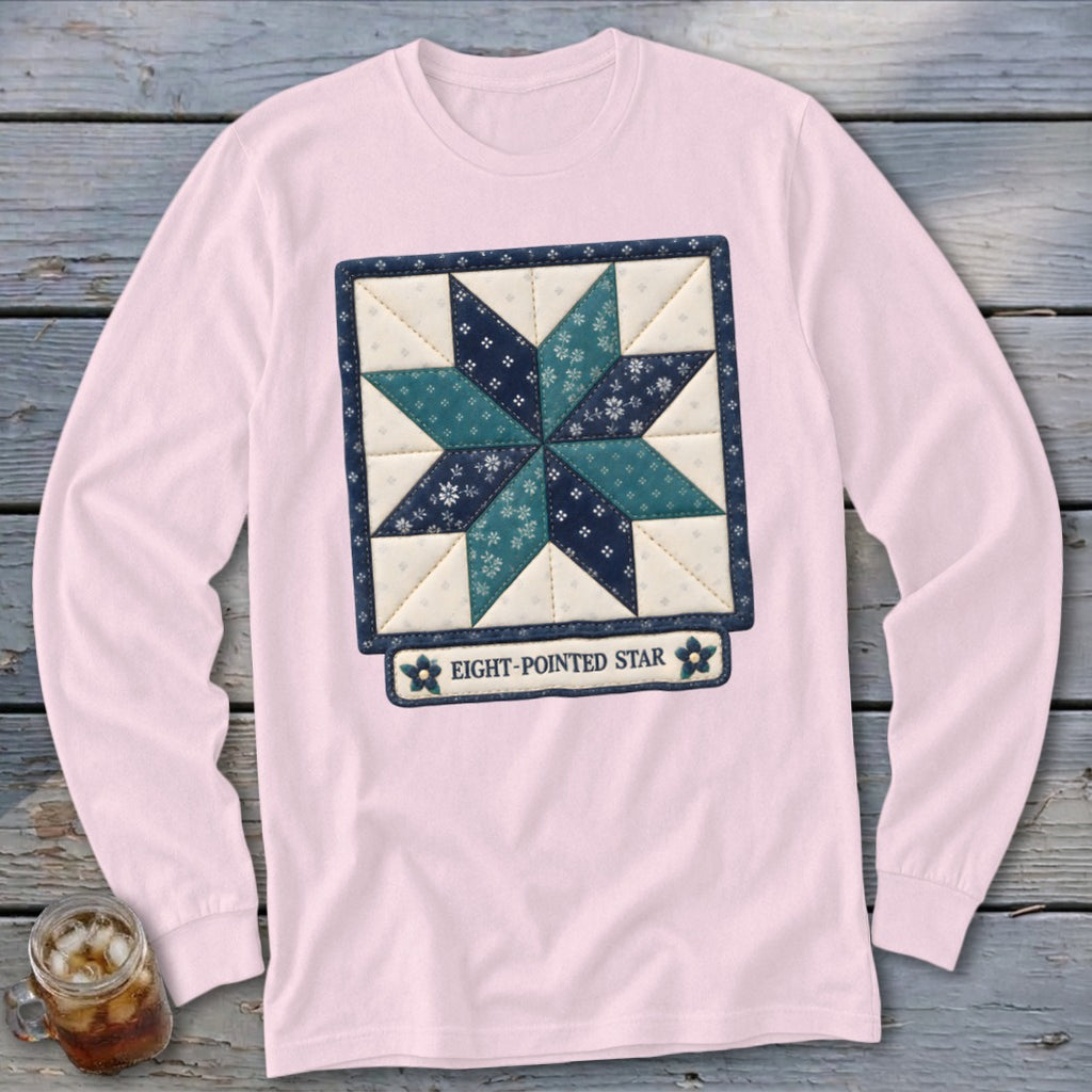 Pink long-sleeved shirt with an eight-pointed star quilt block graphic.