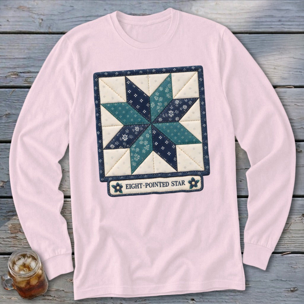 Pink long-sleeved shirt with an eight-pointed star quilt block graphic.
