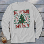 Light gray long-sleeve t-shirt with a vintage Christmas tree graphic and the text Mountain Merry.