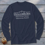 Navy long-sleeve shirt with "HollerBorn Mountain Made Mountain Raised" text.
