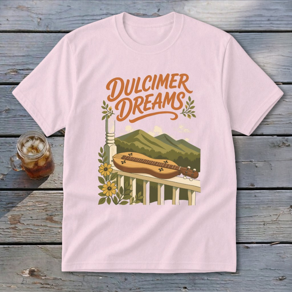 Pink t-shirt with "Dulcimer Dreams" text, a dulcimer, flowers, and mountains.