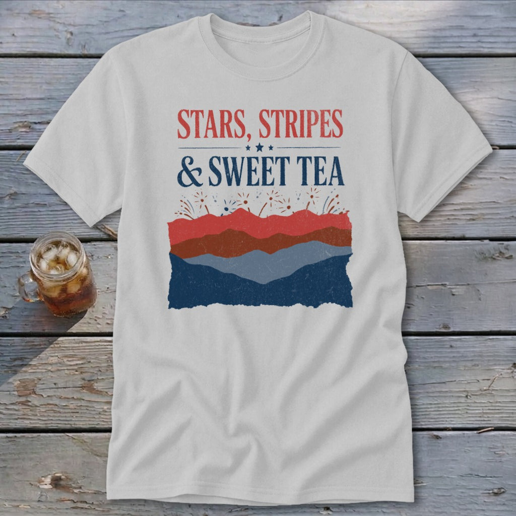 A light gray crewneck t-shirt featuring a red, white, and blue graphic with text that reads Stars, Stripes & Sweet Tea.