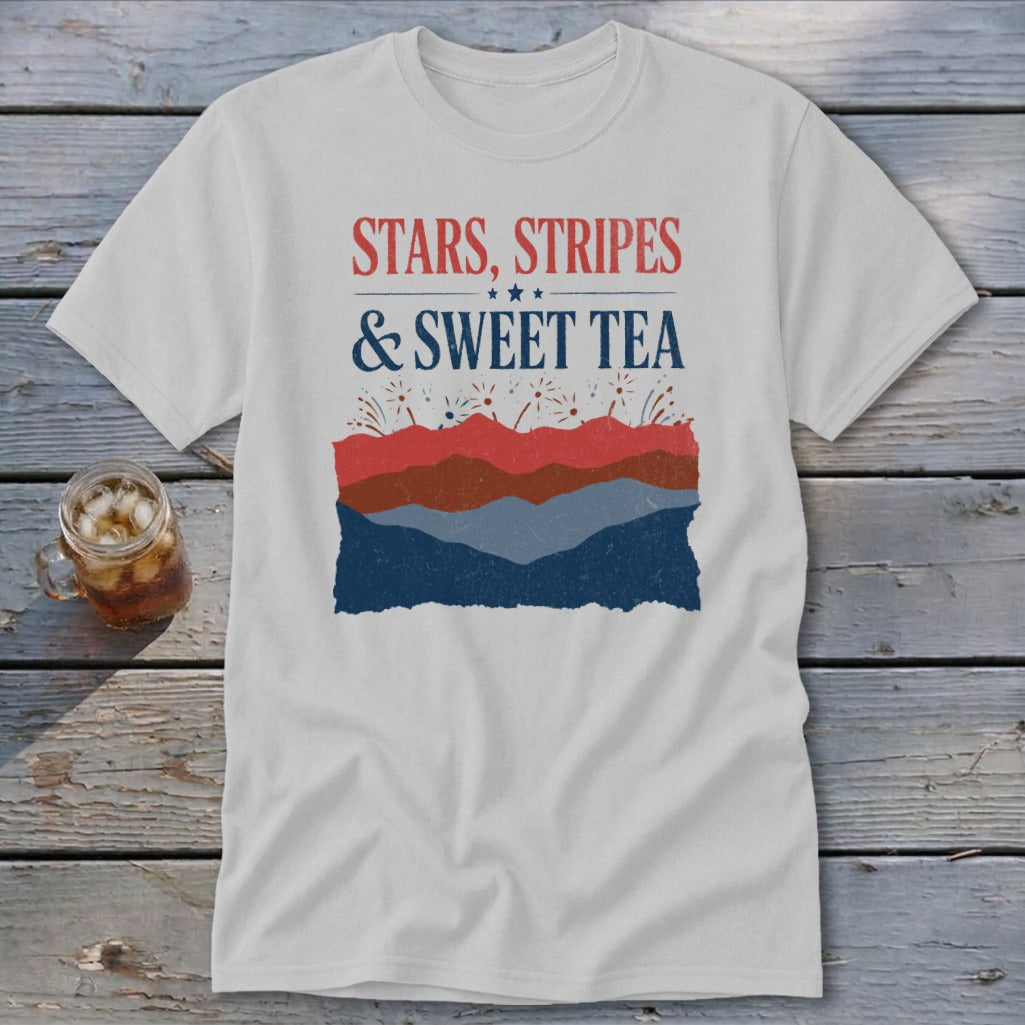 A light gray crewneck t-shirt featuring a red, white, and blue graphic with text that reads Stars, Stripes & Sweet Tea.