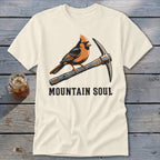 Cream t-shirt with cardinal on pickaxe and "MOUNTAIN SOUL" text.