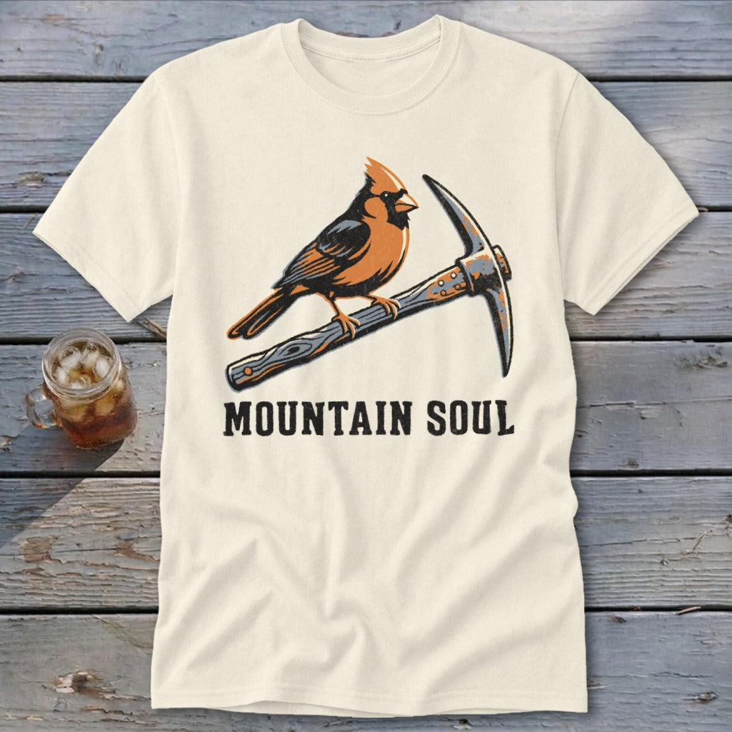 Cream t-shirt with cardinal on pickaxe and "MOUNTAIN SOUL" text.