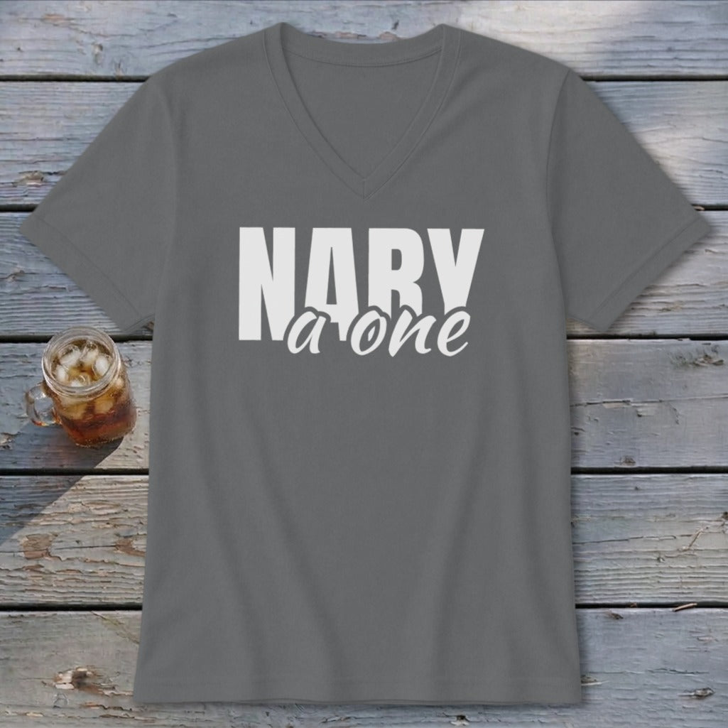 Gray V-neck t-shirt with white text reading "NARY a one".