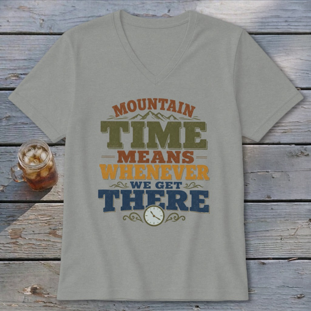 Gray t-shirt with "Mountain Time Means Whenever We Get There" text and clock graphic.