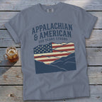 Appalachian & American 250 Years Strong flag design on a blue t-shirt.